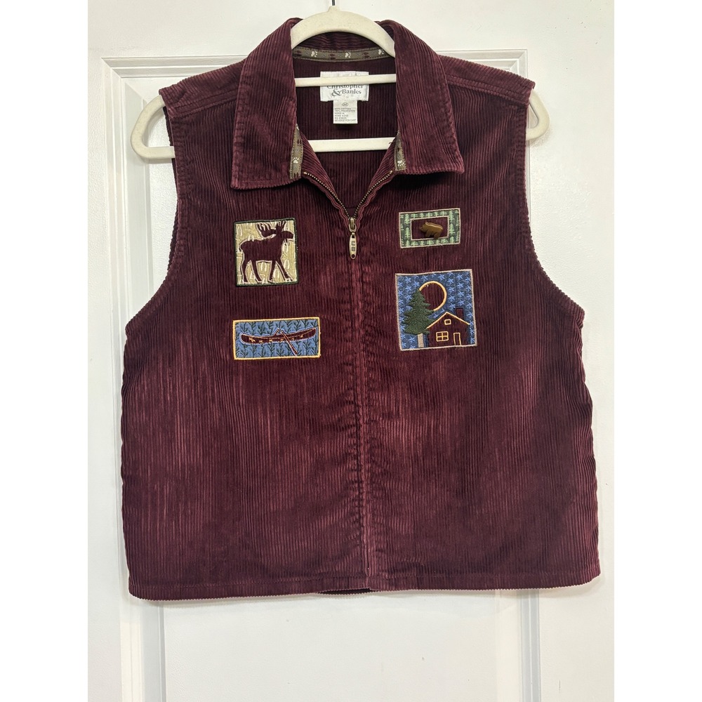 Christopher & Banks Burgundy Corduroy Embroidered Nature Cabin Moose Vest M